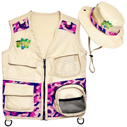 Safari Kidz Outdoor Explorer Kit - Pink Camouflage Cargo Vest and Hat Set, Backyard Nature Adventures, Washable Costume, Age 3+