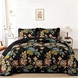 WONGS BEDDING Quilt Set Queen Size,3 Pieces Vintage Botanical Bedspread, Black Floral Quilt Bedding Set with 2 Pillowcases,Soft Lightweight Microfiber Coverlet Set for All Season(96'X90')