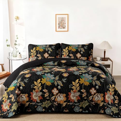 WONGS BEDDING Quilt Set Queen Size,3 Pieces Vintage Botanical Bedspread, Black Floral Quilt Bedding Set with 2 Pillowcases,Soft Lightweight Microfiber Coverlet Set for All Season(96"X90")