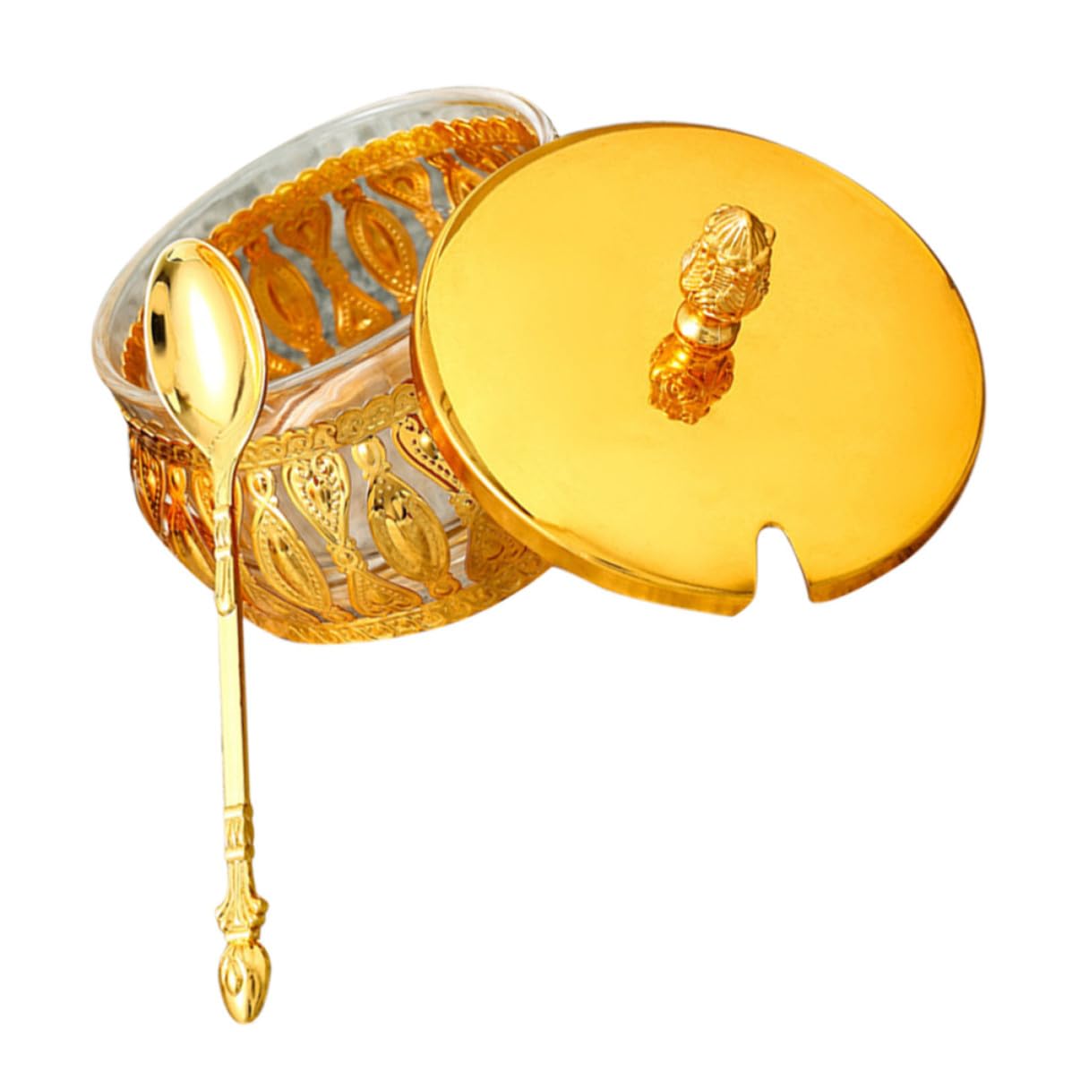Recipiente para condimentos de hierro fundido dorado con tapa de diseño exclusivo