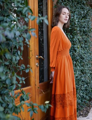 Image of Olaesa Long Sleeve Boho Maxi Dress for Women Lace Wedding Guest Dress | Spring Fall Bohemian Dress, Long Flowy Family Photo Dress with Pockets, V Neck Long Western Vacation Outfits