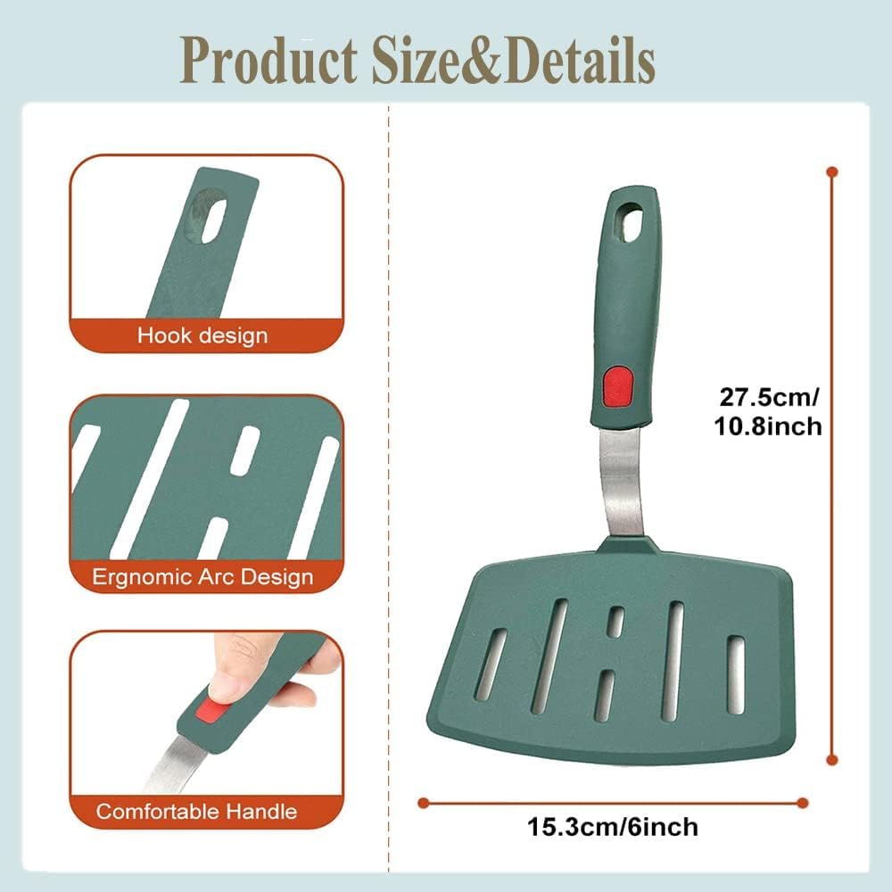 Contiup Silicone Spatula Turner Wide Slotted Pancake Spatulas for Nonstick Cookware Pans Omelette Egg Spatula 600°F Heat-Resistant (Green)