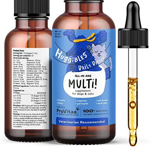 HUGGIBLES All-in-One Multi Liquid Multivitamin for Dogs and Cats – Daily Supplement with Digestive, Immunity, Allergy & Skin & Coat Support, Mobility Support – Antioxidant Blend for Longevity, 2oz