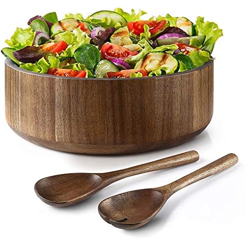 Miusco Large Wooden Salad Bowl, Natural Acacia Wood Salad Serving Bowl and Servers Set, 30 cm, 6 L, Premium Handcrafted Wood Fruit Bowl and Utensils Set Cover