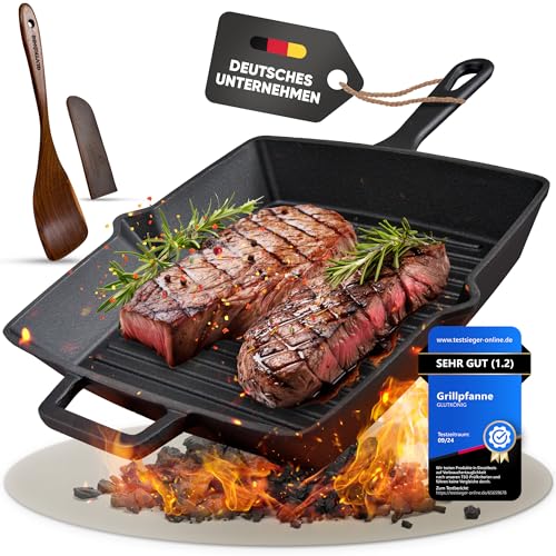GLUTKÖNIG Grillpfanne Induktion 26cm - Emaillierte Cast Iron Pan, Gusseisenpfanne [Kein Einbrennen...