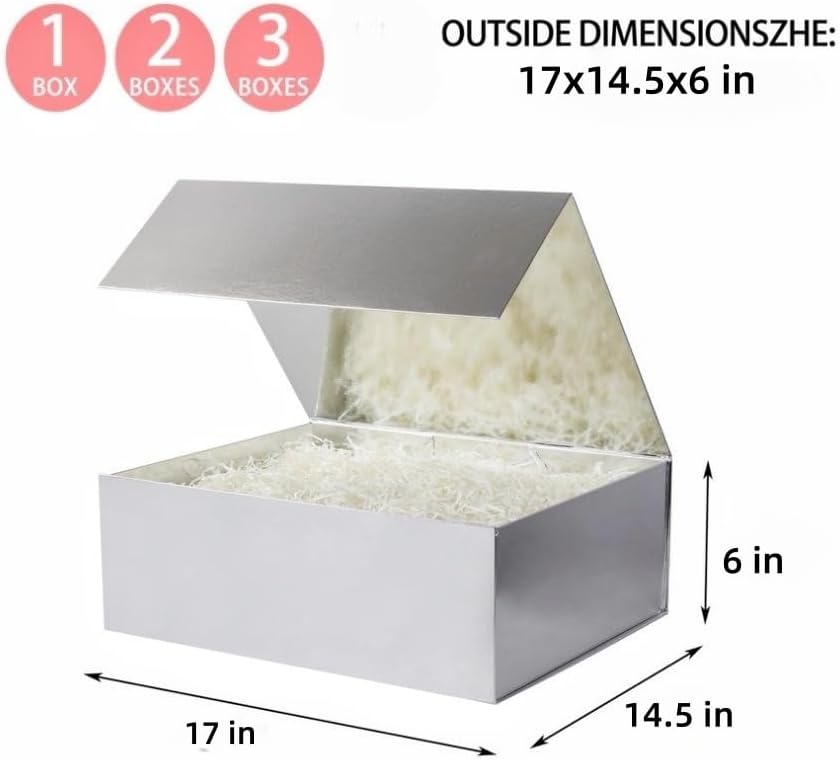 uoering 1 extra large silver gift box 17x14.5x6 inch luxury gift box for presents with magnetic closure lid collapsible,birthday,christmas,contains card, ribbon,tissue paper,shredded paper filler 17x14.5x6 inch-silvery-pack of 1
