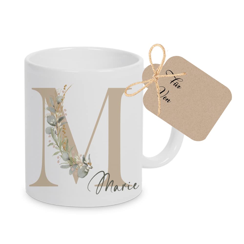 Manufaktur Liebevoll | Tasse mit Buchstaben Tasse mit initialen Tasse Buchstaben Tasse Namen Becher mit Namen Eukalyptus Geschenk für Frauen Kaffeetasse Keramik Monogramm
