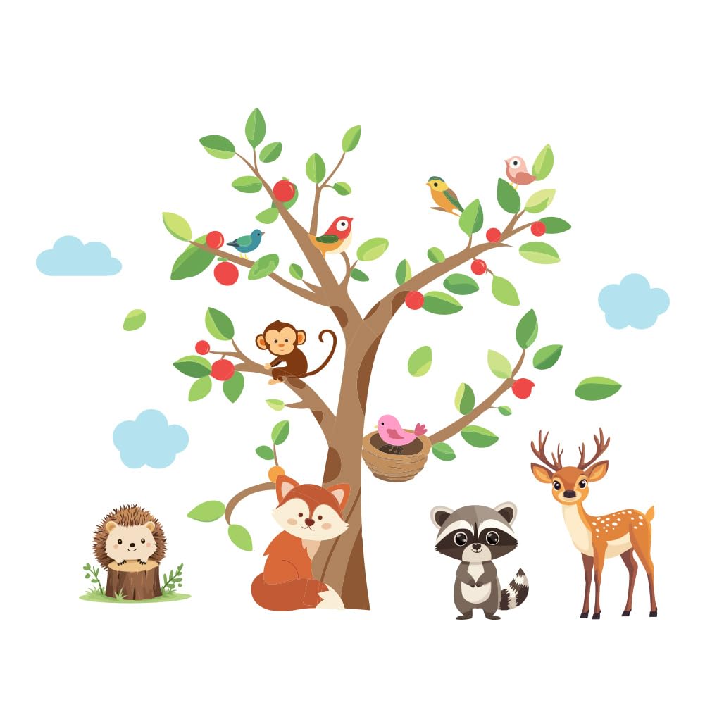 PLIGREAT 2 Sheets Watercolor Jungle Animal Wall Decal Cartoon Monkey Fox Trees Wall Stickers for Kids Bedroom Living Room Cabinet Nursery Decoration DIY Creative Wall Art Decor - Image 4