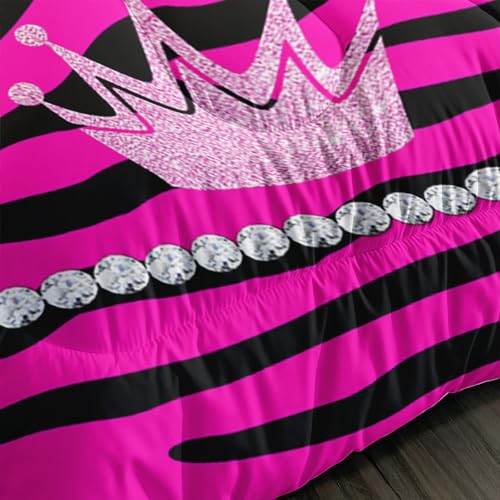 Image of AILONEN Hot Pink Princess Comforter Queen Size with 2 Pillowcases,Zebra Stripes Bedding Set 3Pcs for Girls,Glitter Crown & Heart Quilt Set for Home Decor