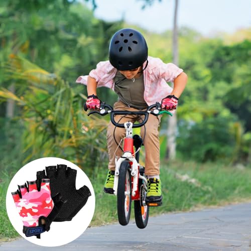 Mecmbj Kind Halb Finger Fahrradhandschuhe, Kinder Sport Handschuhe, rutschfeste Kindersporthandschuhe, zum Radfahren, Bootfahren, Yoga, Skaten, Klettern - rosa Tarnfarbe (Anwendbare Alter:6-12 Jahre)