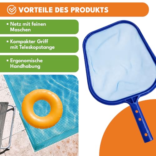 KRUMAD Pool Kescher Feinmaschig 41 x 28 cm, Robustes Poolnetz für Blätter & Insekten, Kescher für Pool & Teich, Poolreinigung ohne Teleskopstange, Pool Zubehör Reinigung, Blau