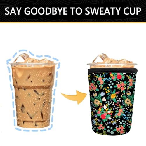 Image of YR Reusable Neoprene Insulator Sleeve for Iced Coffee Cups, 3 Pack Coffee Coolies sleeves for Iced & Hot Drinks, Cold Beverage Cooler Compatible with Cold Soda and More (Garden Floral)