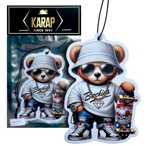 Image of Car Air Freshener. Hanging Card Style for Rearview Mirror, Adorable Design With Long-Lasting Scent (Black Ice.) Decorative & Scented Auto Accessory.