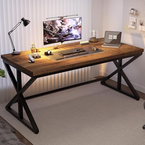 IBF Industrial Computer Desk, Rustic Wooden Metal Executive Office Desks, Large Long Simple Gaming Computer Desk Table, Wood Student Study Computer Table for Bedroom Living Room, Rustic Brown, 60 Inch