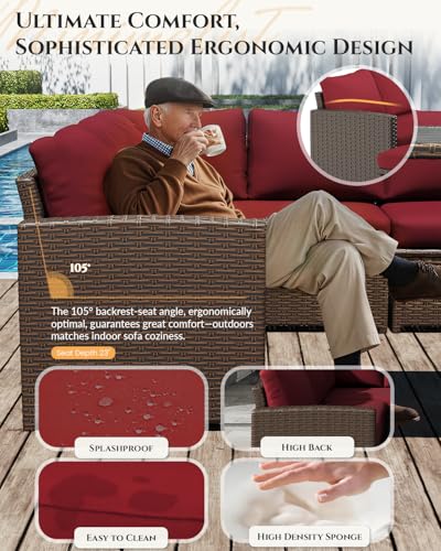 Image of U-MAX 7 Pieces Patio Furniture Set with Waterproof Cover, Outdoor Sectional Sofa Conversation Set, All Weather Wicker Rattan Dining Table & Chair with Ottoman, Brown Rattan&Wine Red Cushion