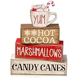 Moucuny 4 Pcs Wooden Christmas Tabletop Decor Hot Cocoa Tiered Tray Decor Rustic Wood Hot Cocoa Block Sign Gift Merry Christmas Centerpiece Farmhouse Winter Table Decoration