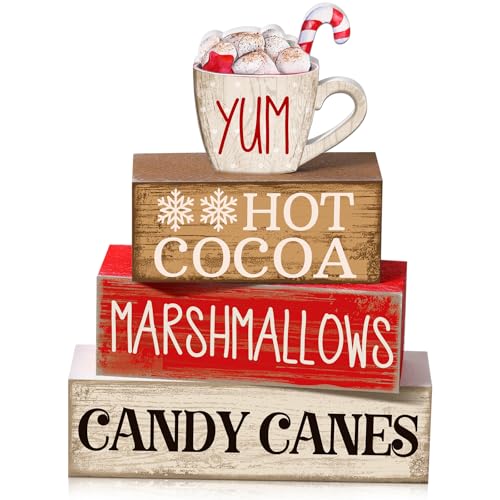 Moucuny 4 Pcs Wooden Christmas Tabletop Decor Hot Cocoa Tiered