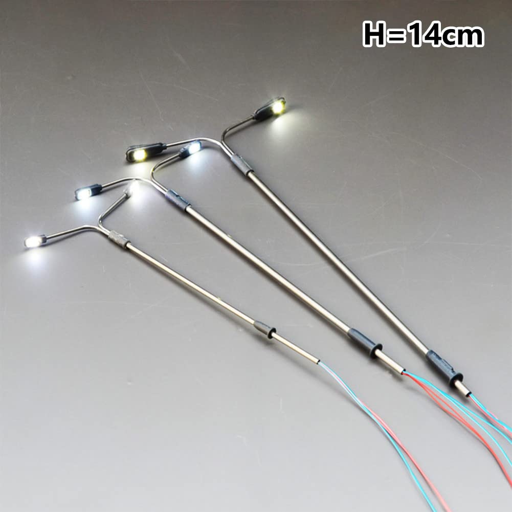 Lot De 10 Lampadaires LED 14 Cm – Échelle HO/OO – Double Tête – Blanc – Pour Train Miniature Et Décoration De Paysage – 3V