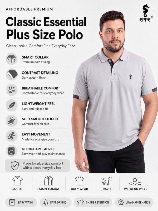 Image of EPPE Men's Plus Size Polo T-Shirt |Regular Fit, Stretchable Micropolyester Half Sleeve T-Shirt for Men|Casual & Sports Wear