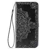 Fertuo Xiaomi Mi A3 Hülle, Handyhülle Leder Flip Hülle Tasche mit Kartenfach, Magnet & Standfunktion [Mandala Blume Muster] Handy Schutzhülle Ledertasche für Xiaomi Mi A3, Schwarz