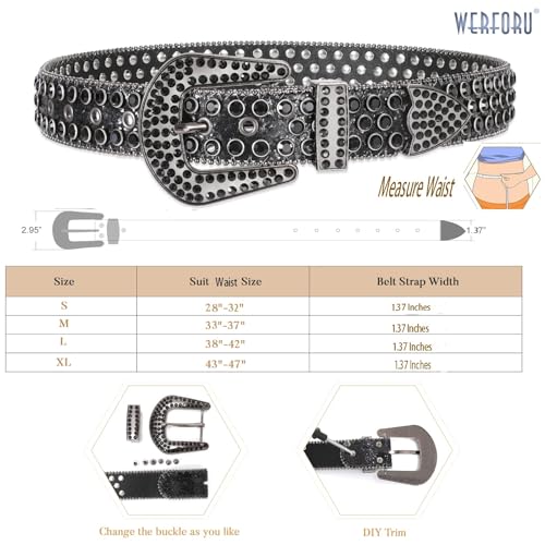 Image of WERFORU Women Men Western Rhinestone Studded Leather Belt Unisex Bling Cowgirl Cowboy Waist Belt for Jeans Pants Dress