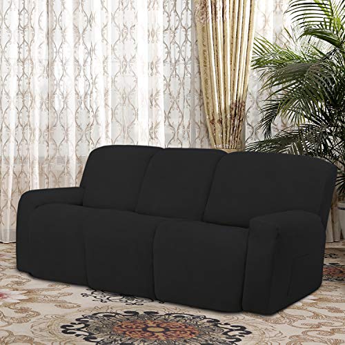 Image of Easy-Going 8 Pieces Microfiber Stretch Sectional Recliner Sofa Slipcover Soft Fitted Fleece 3 Seats Couch Cover Washable Furniture Protector with Elasticity for Kids Pet(Recliner Sofa,Black)