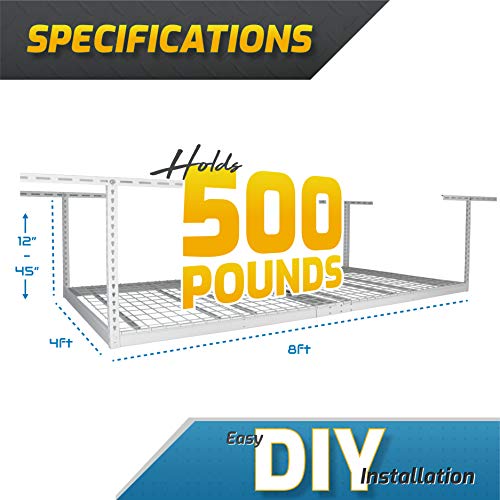 MonsterRAX 4x8 Rack and Bins Bundle | 4’ x 8’ Overhead Rack w/Storage Bins and Accessory Package (White, 18\"-33\")
