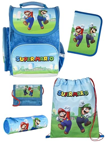Familando - Schulranzen Set CLOU - 5-teilig mit Federmappe - Super Mario Game - Ergonomisch, Stabil & mit gepolstertem Rücken - 930g leicht - 15L Volumen - Mit Reflektoren - ab 1. Klasse
