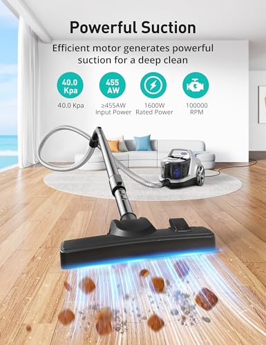 Image of Aspiron 40Kpa Canister Vacuum Cleaner, 1600W Bagless Canister Vacuum Cleaner with 5 Tools, Auto Cord Rewind, H13 HEPA Filter, 4Qt Large Cup, for Hard Floors, Carpet, Pet, Upholstery, Tiles, Purple