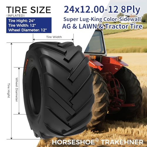 Image of HORSESHOE TRAKEHNER 2 New 24x12.00-12 / 24x12-12 8PR Super Lug-King Ditch-Witch Trencher AG Farm Lawn Tractor Tires LRD Heavy Duty Color-Sidewall (24x12.00-12 8Ply)