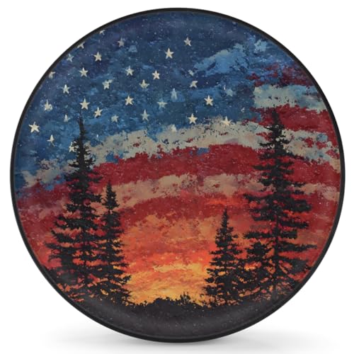 Image of Spare Tire Cover Forest Camping American Flag Wheel Covers Protectors Waterproof Dust-Proof Universal Fit Trailer, RV, SUV and Many Vehicle (17 inch for tire Diameter 31.49 inch-32.67 inch)