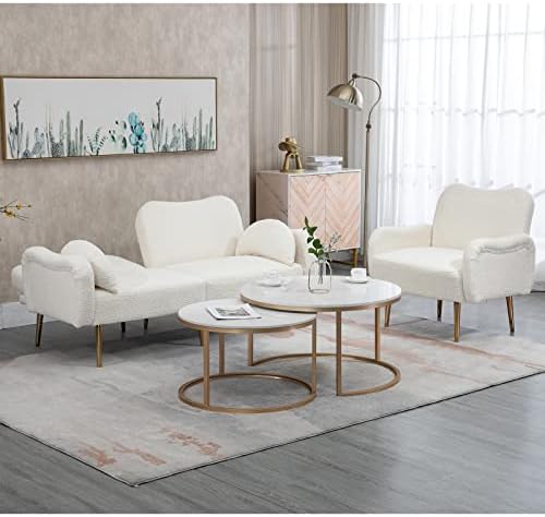 Homtique Teddy Fabric Loveseat & Accent Chair 2 Piece Set, Modern Upholstered Living Room Sofa Set, Convertible Sleeper Sofa and Armchair with Gold Metal Legs, for Bedroom, Apartment, Office, White 3 51Btu0yPg+L. AC