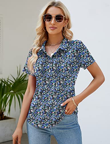 Luyaa Womens Floral Polo Shirts Collared Golf Sport Shirt Cute Short Sleeve Blouse Tops Blue Floral M #TOP2