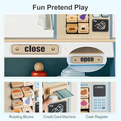 DREAM BUILDING Kids Grocery Store Pretend Play, Puppet Theater&Grocery Store Playset Toy Double-Sided, Toddler Supermarket Toy Cash Register w/Blackboard, Display Shelves, Gift for Boys Girls, Blue - Thumbnail 6