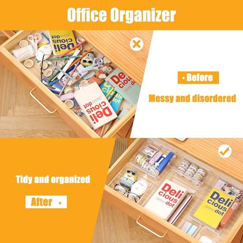 Image of Desk Drawer Organizers Trays Set Clear Plastic Storage Bins Bathroom Drawer Tray Dividers Vanity Trays Organizer For Bedroom Dresser Makeup Kitchen Utensil Office (Set Of 10), Transparent