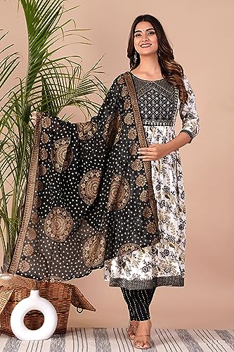 Image of MANHAREE | Women's Rayon Printed Embroidered Anarkali Kurta with Pant & Dupatta Set