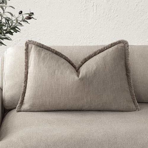Image of Foindtower Decorative Linen Fringe Lumbar Throw Pillow Covers Cozy Boho Farmhouse Cushion Cover with Tassel Soft Accent Pillowcase for Sofa Bed Living Room Home Decor, 12x24 Inch,1PC,Brown Tan
