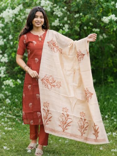Image of Sun Fashion And Lifestyle Kurta Sets for Woman | Kurti Set | Women's 3 Piece Kurta Pant Dupatta Set |Chanderi Silk Kurta Woman | Elegant Suit for Women | Dupatta