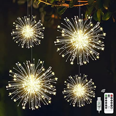 Lovcoyo USB Firework Light Outdoor Garden String Fairy Lights, 8 Modes Waterproof Hanging Starburst Lights with Remote Control for Indoor Outdoor Christmas Party Decor - Warm White Cover
