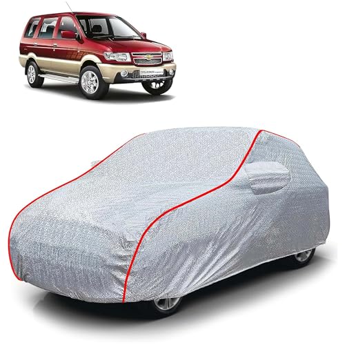Image of Sulfar 100% Waterproof Car Body Cover Compatible with Mirror for Chevrolet Tavera (Triple Stitched, Full Bottom Elastic, Magic Silver with Red Piping)