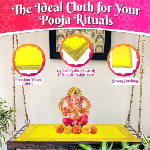 Image of Bhakti Lehar (14 x 26 Inch) Plain Yellow Velvet Pooja Aasan for God Idol /Chowki Aasan Kapda Cloth for Temple Shelf Home Mandir, Ganesh Baithak and God Idol Sitting - Pack of 2