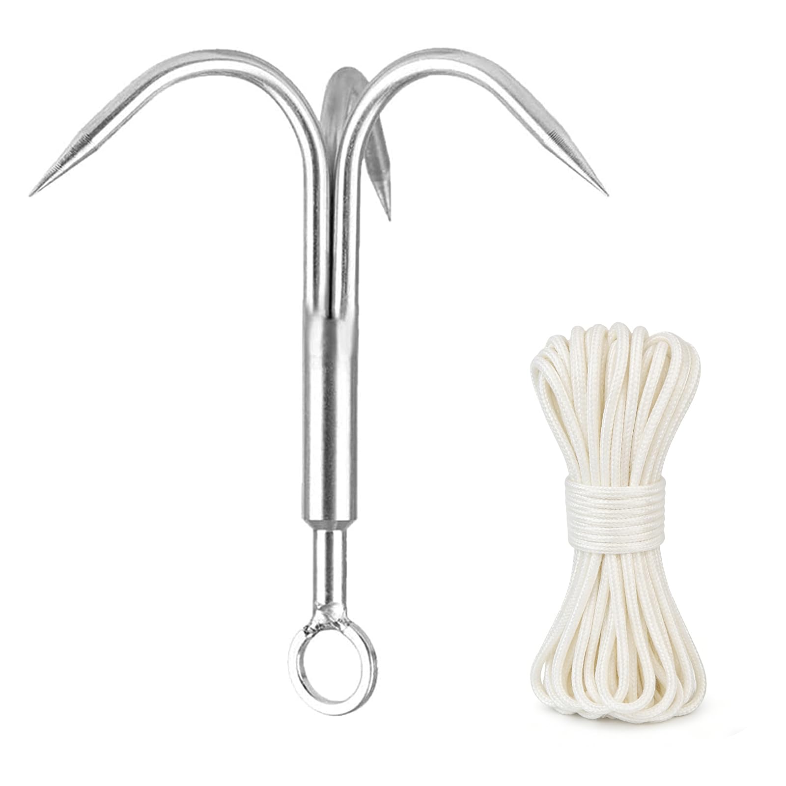 Yiliaw Gaff Hook, Grappling Hook with Rope, 50FT Nylon Rope, Stainless Steel 3-Claw Grapple Hook for Retrieval, Salvage & Magnet Fishing