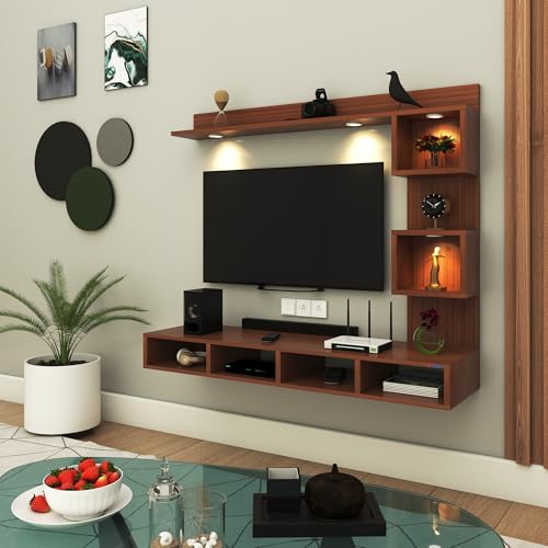 Image of Anikaa Kirina Engineered Wood Wall Mount TV Unit with LED Lights TV Cabinet TV Entertainment Unit Set Top Box Stand (Walnut) (Ideal for 43 Inch)(D.I.Y)