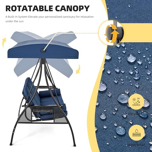 Image of HOMREST 3 Person Outdoor Porch Swing with 1.5 inch Upgraded Cup Holder, Adjustable Canopy, Backrest, Patio Swing Bed with Weather Resistant Steel Frame, Cushions for Garden,Deck and Poolside(Blue)