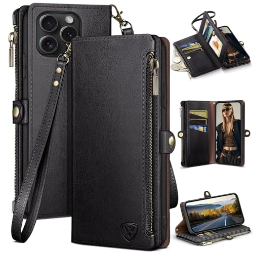 Étui portefeuille iPhone 14 Pro Max antichoc avec fermeture éclair et protection RFID noire