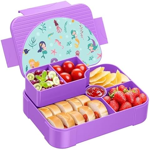 HOMETALL Kids Prints Bento Lunch Box - Leakproof Bento Boxes 6 Compartments Portions Lunchbox for Kid Ages 3 to 7 Back to School, BPA-Free Snack Packing Containers Reusable On-the-Go Meal Prep, Purple Cover