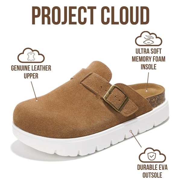 Project Cloud Genuine Leather Platform Clogs for Women Footwear - Memory Foam Arch Support Cork Footbed Casual Shoes & Mules for Women 2025 (Benton Chunky)