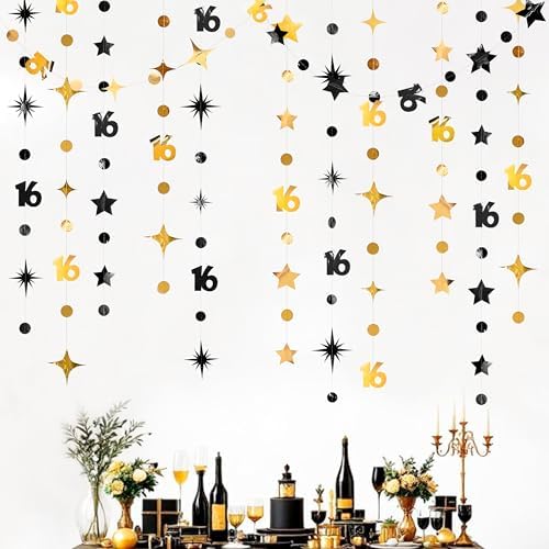 Black Gold 16th Birthday Decorations Number 16 Circle Dot Twinkle...