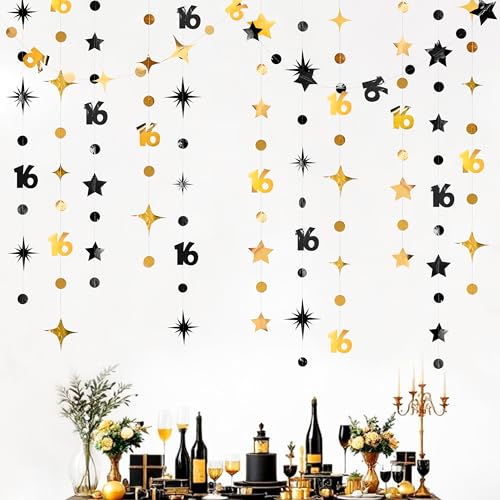 Black Gold 16th Birthday Decorations Number 16 Circle Dot Twinkle Star Garland Streamer Banner Backdrop for Girls Boys Happy 16th Birthday Sweet Sixteen Anniversary Cheers to 16 Years Party Decor