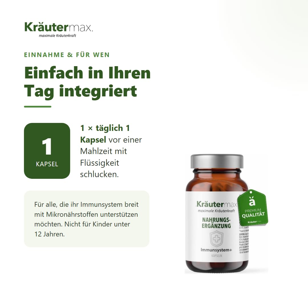 Kräutermax Immunsystem Kapseln, Immun Boost mit pflanzlichen Vitalstoffen, Vitamine, Mineralstoffe und Spurenelemente | 1 x 90 Stück
